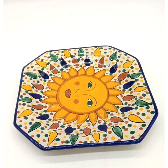 Mexican Art Pottery 12" Octagonal Lead Free Platter Redware Sun Flower Design - Picture 4 of 8